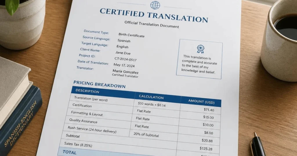 Illustration of certified translator service costs per page