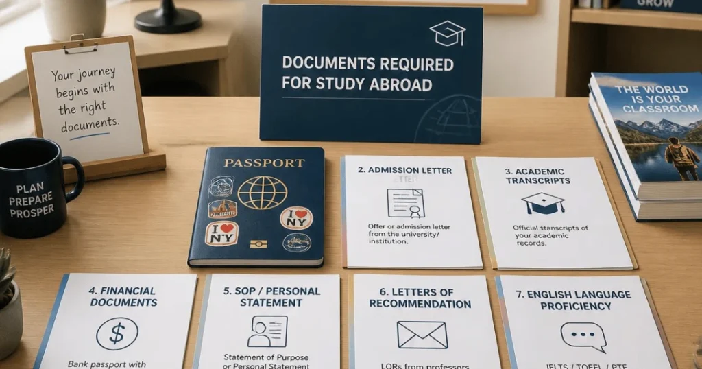 Illustration of study abroad document translation for diplomas